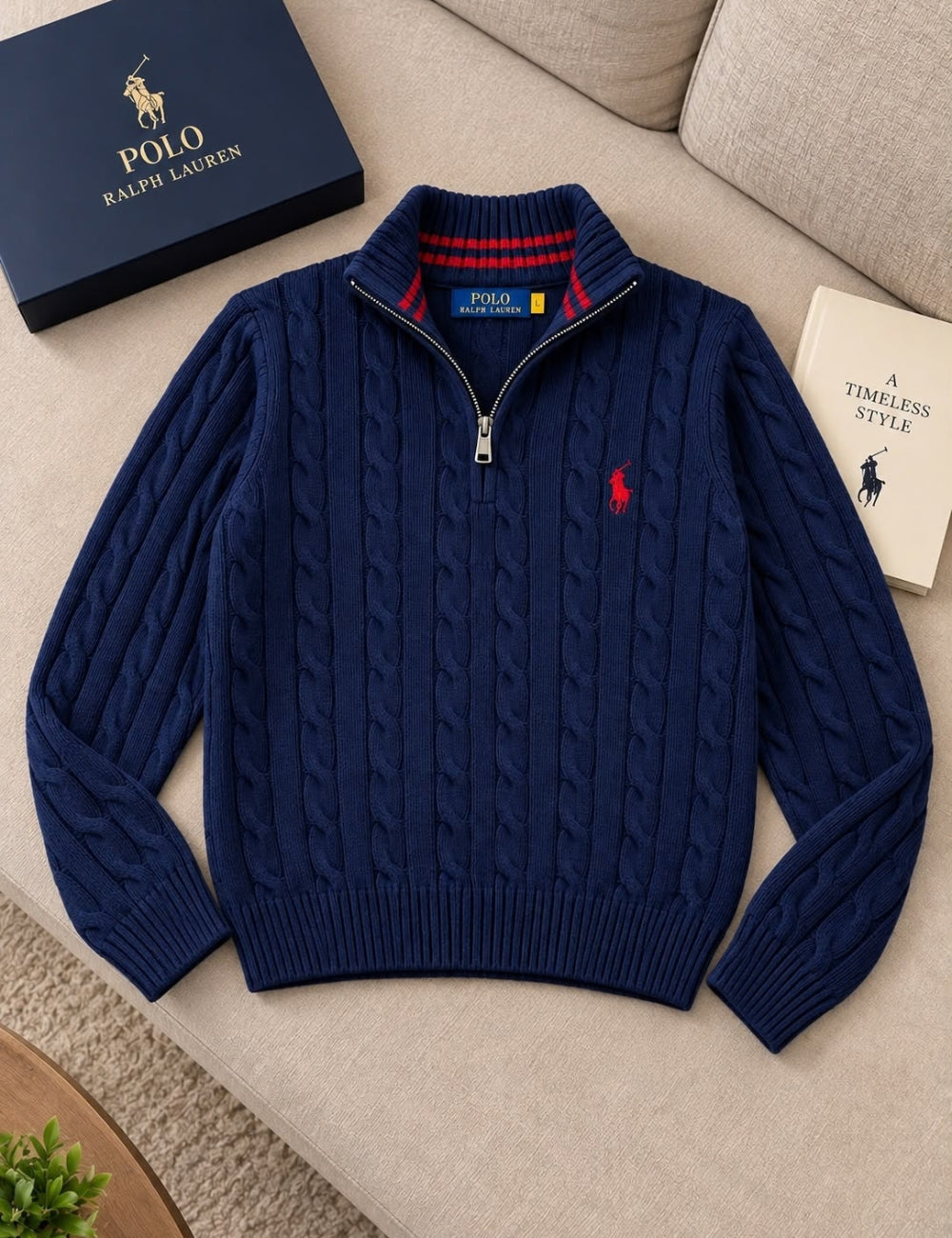 Pull Demi-Zip en Maille Torsadée pour Homme – Bleu Marine