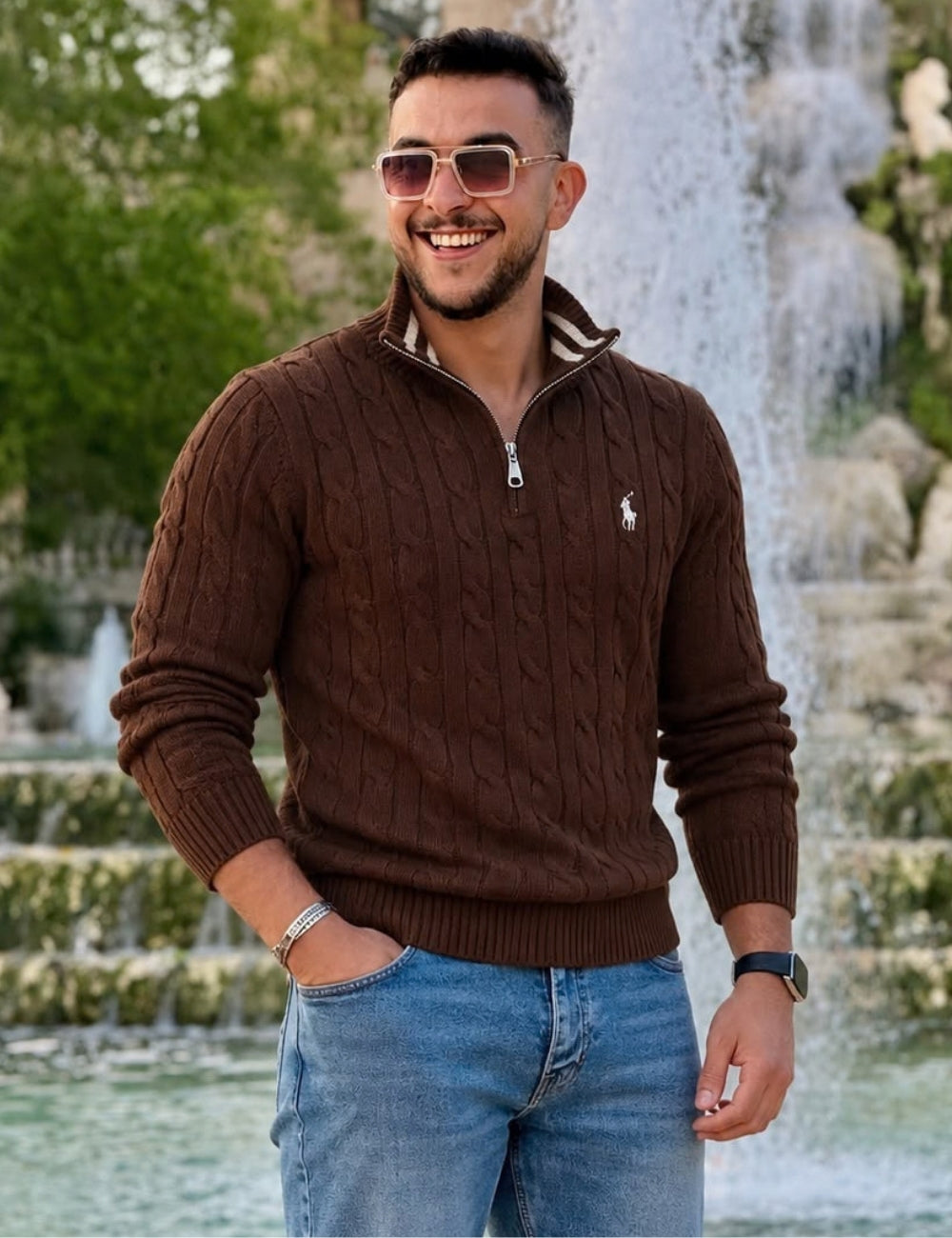 Pull Demi-Zip en Maille Torsadée pour Homme – Marron Chocolat
