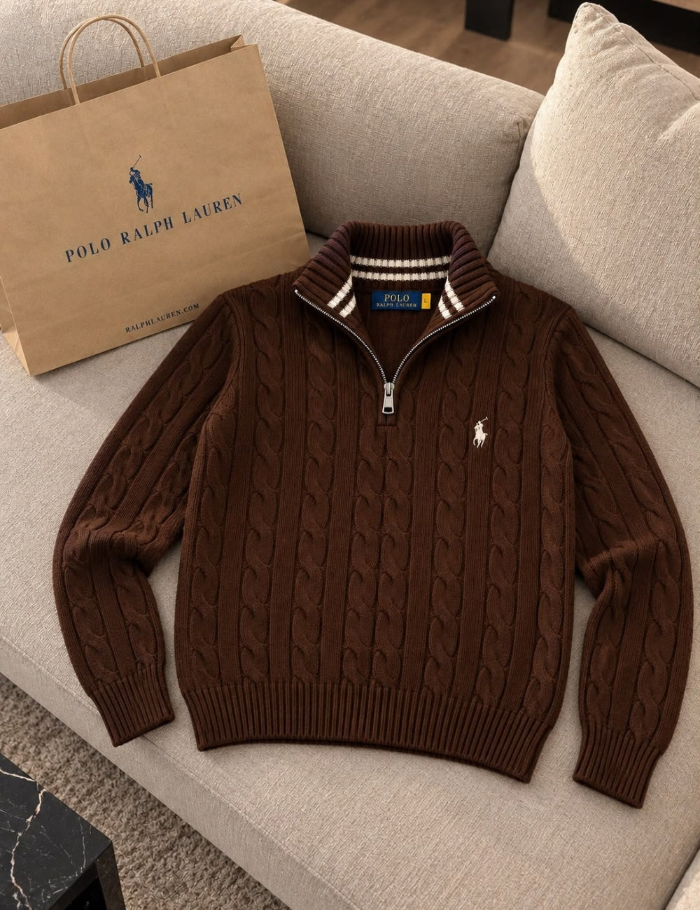 Pull Demi-Zip en Maille Torsadée pour Homme – Marron Chocolat