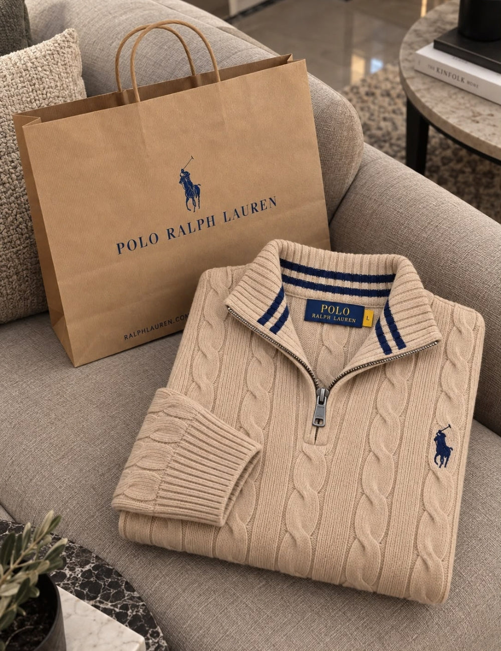 Pull Demi-Zip en Maille Torsadée pour Homme – Beige / Sable