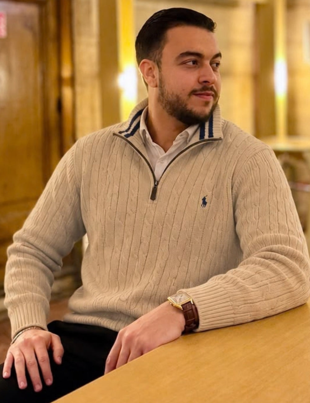 Pull Demi-Zip en Maille Torsadée pour Homme – Beige / Sable