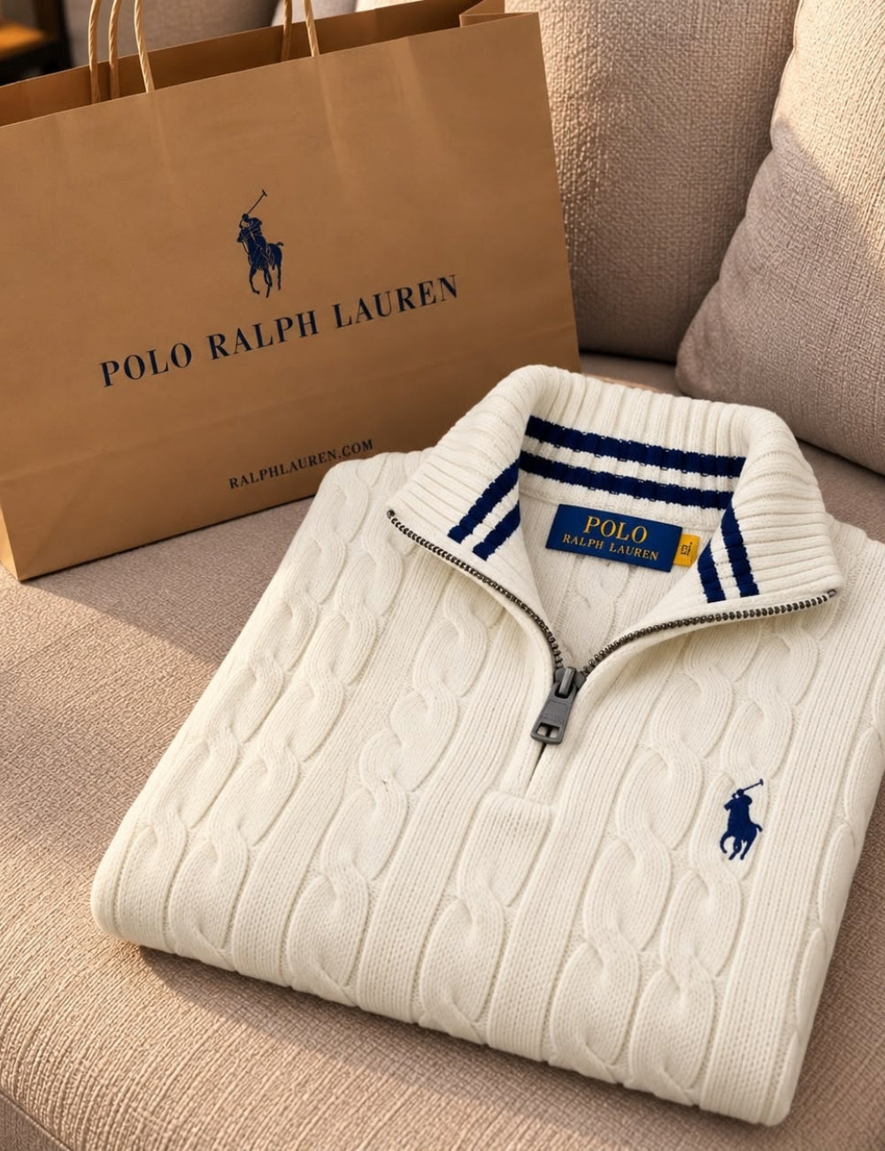 Pull Demi-Zip en Maille Torsadée pour Homme – Blanc Cassé / Écru