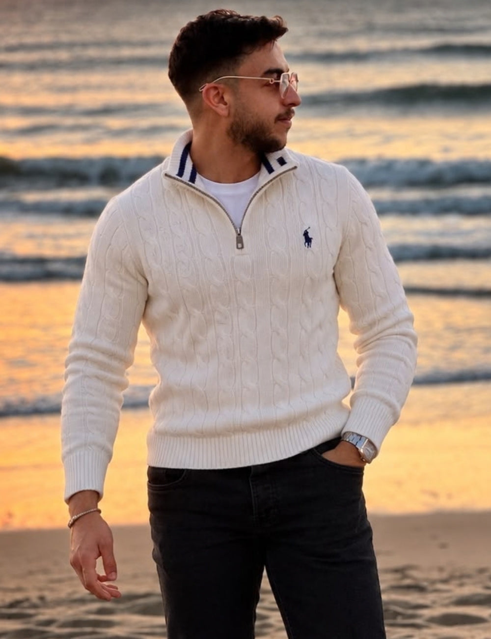 Pull Demi-Zip en Maille Torsadée pour Homme – Blanc Cassé / Écru