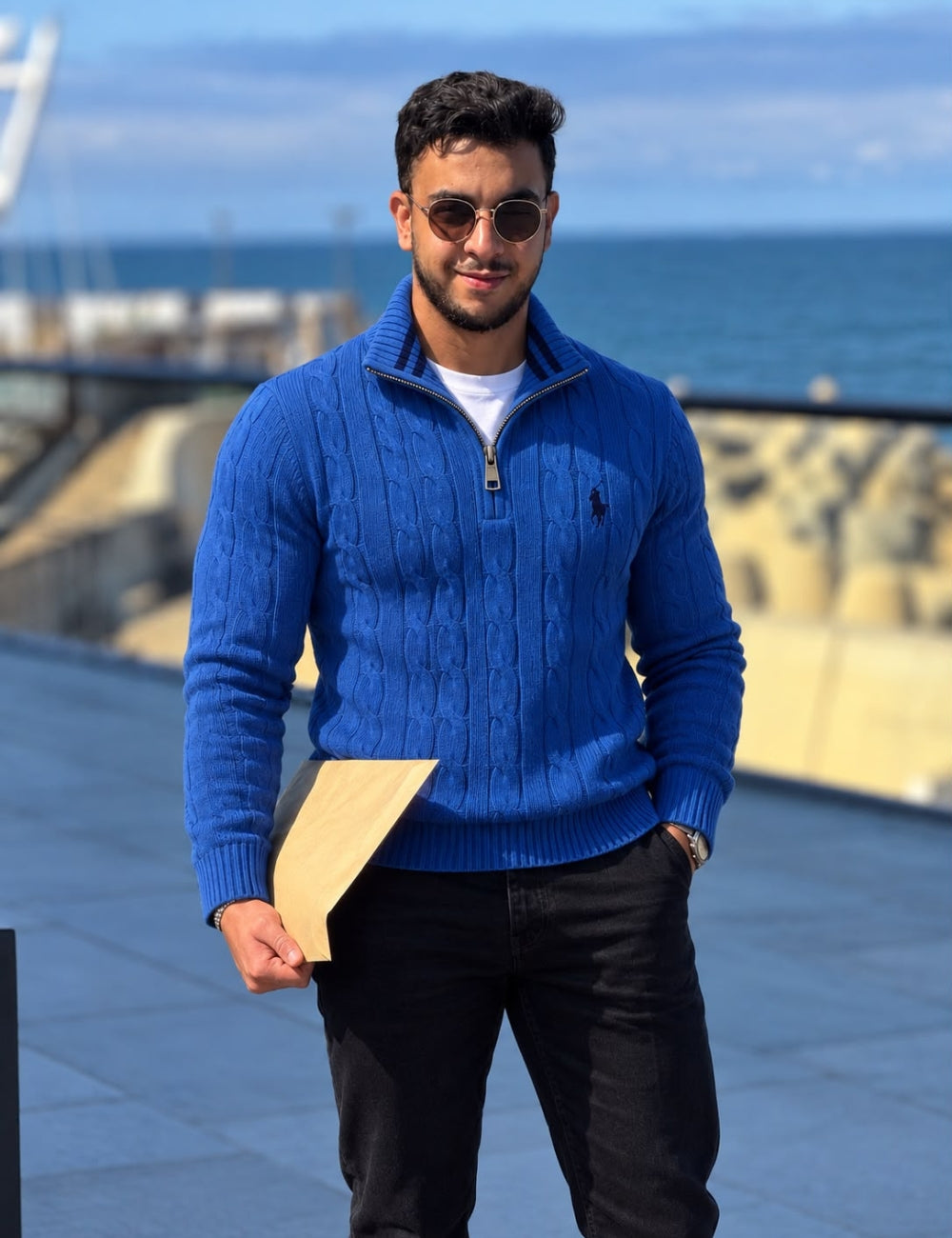 Pull Demi-Zip en Maille Torsadée pour Homme – Bleu Roi