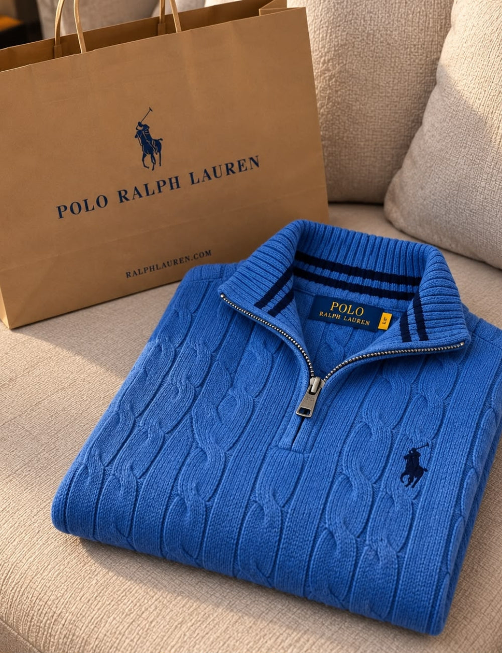 Pull Demi-Zip en Maille Torsadée pour Homme – Bleu Roi