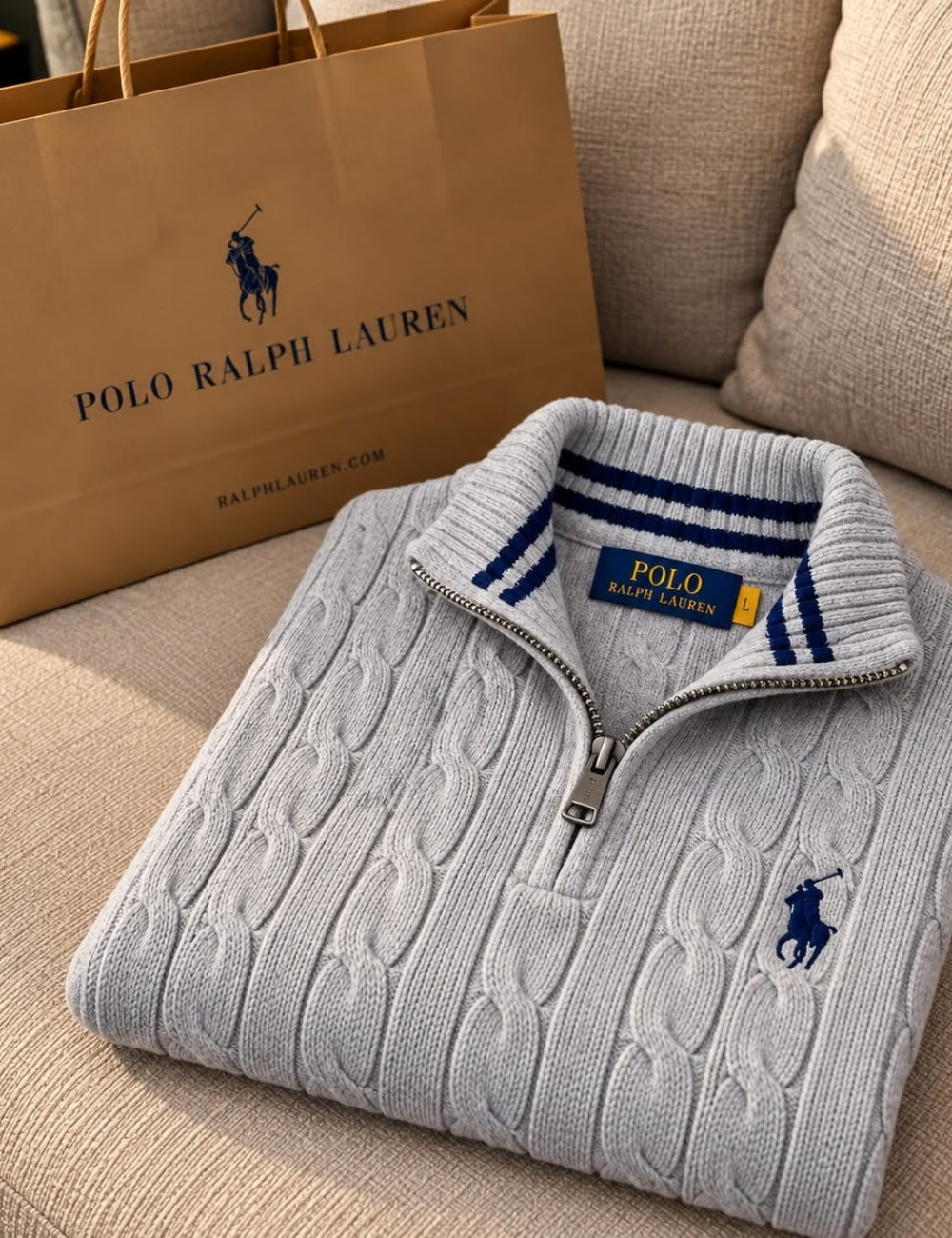 Pull Demi-Zip en Maille Torsadée pour Homme – Gris Clair